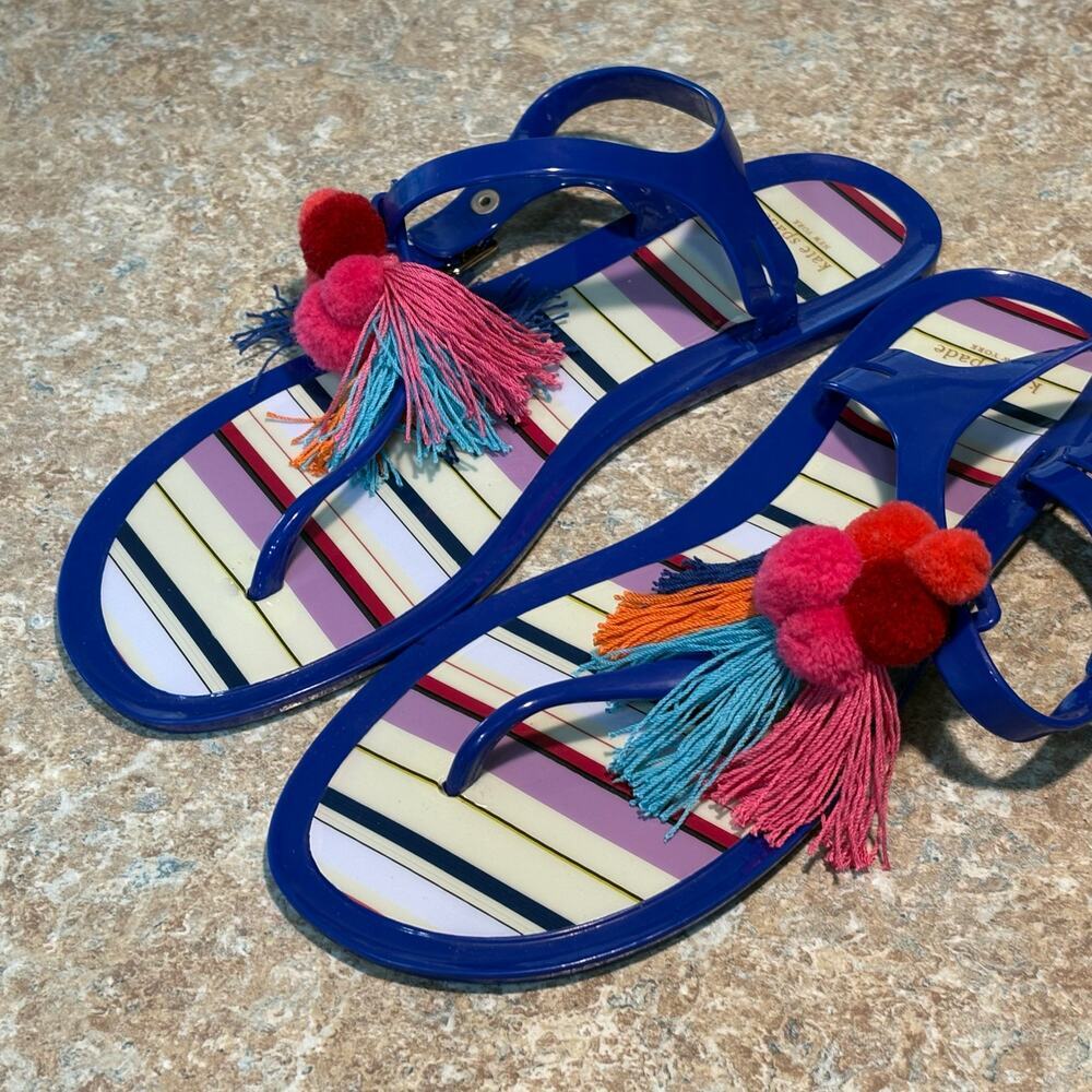 Kate Spade Yellowstone Jelly Pom Pom Tassel Colorful Bright Fun Flats Sandals 10 - Picture 11 of 12